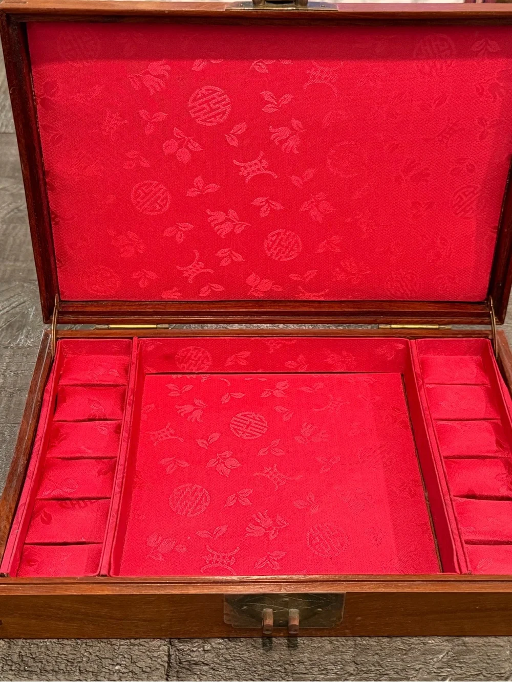 Vintage Chinese Wooden Jewelry Box Longevity Symbol Red Silk Lined Brass Clasp